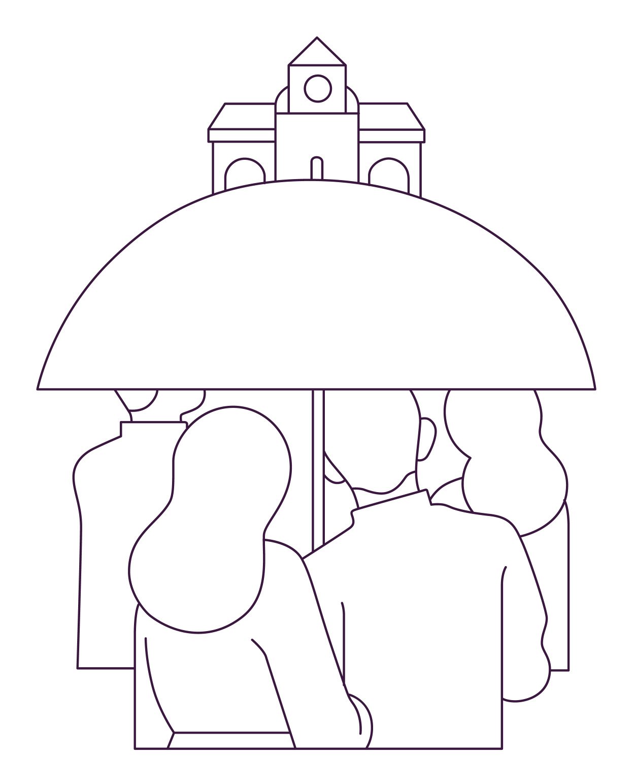 Line illustration of people walking into church under umbrella