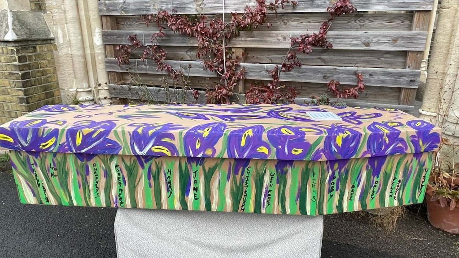 Cardboard coffin painted with irises