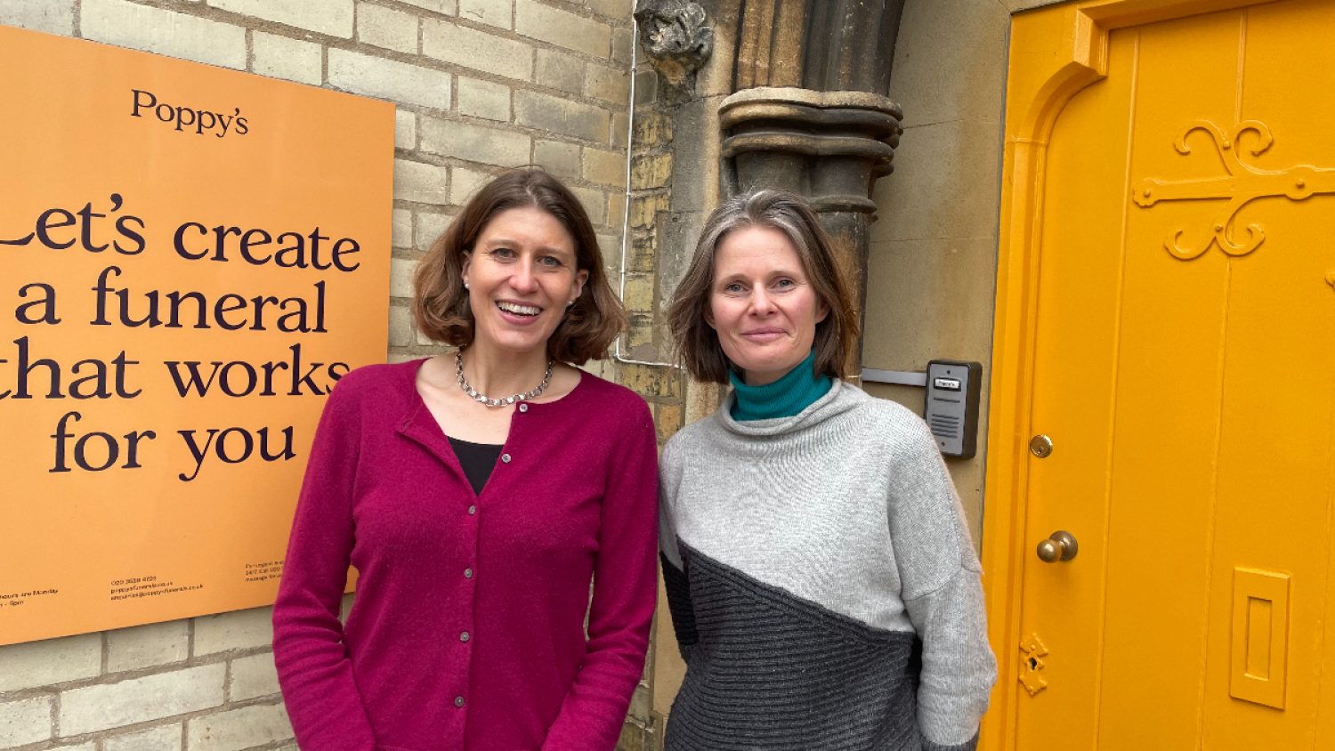 Clare Montagu and Poppy Mardall outside Poppy's HQ in Lambeth cemetery