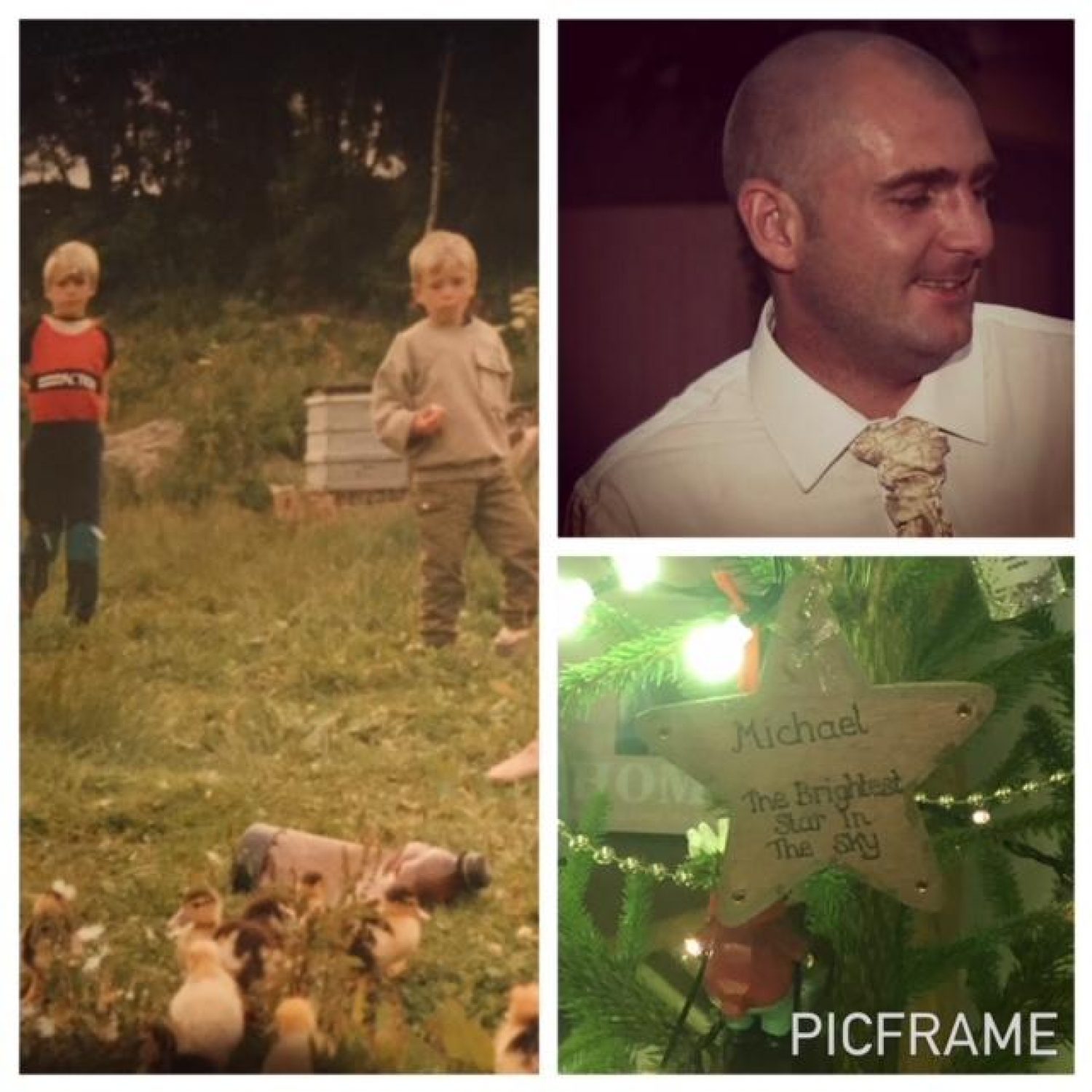 Collage of images: two boys playing outside, a star on a Christmas tree and a man in a tie.