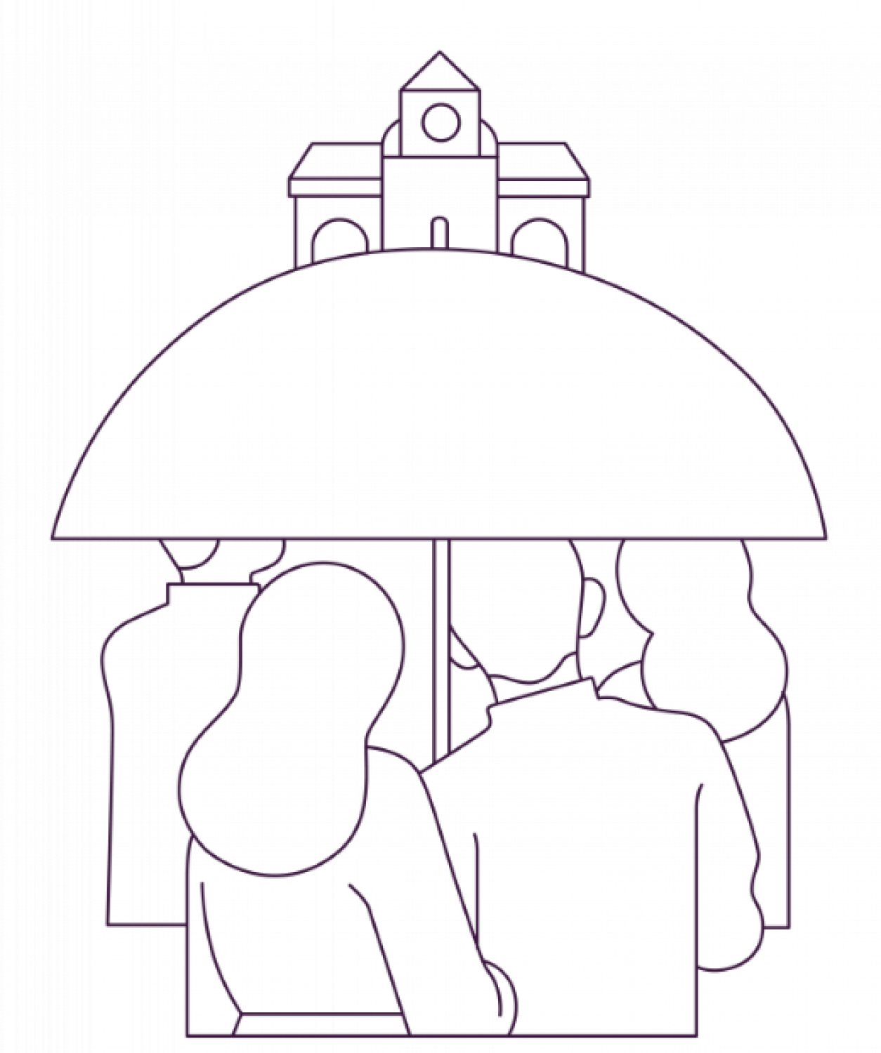 Black and white line illustration of funeral party, under umbrellas, approaching church