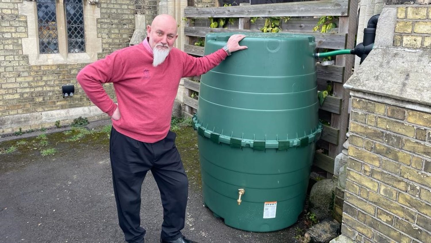 Nigel, Poppy's PL, with water butt outside the mortuary