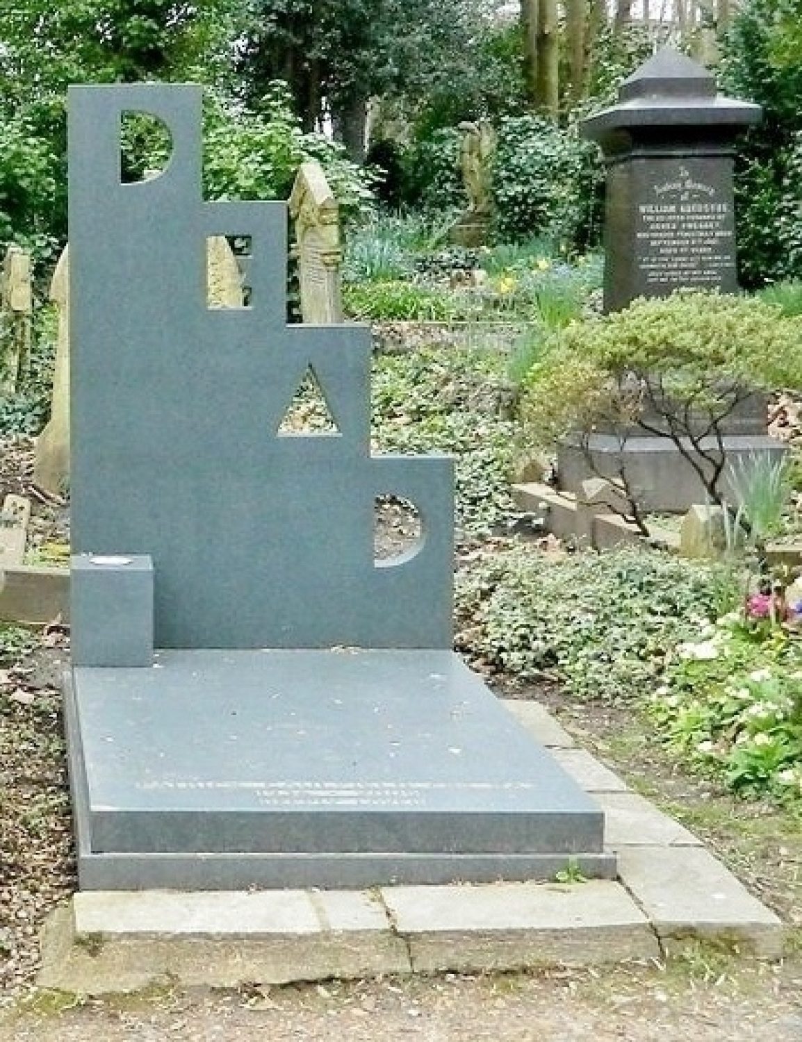 Patrick Caulfield's gravestone with the text 'Dead.'