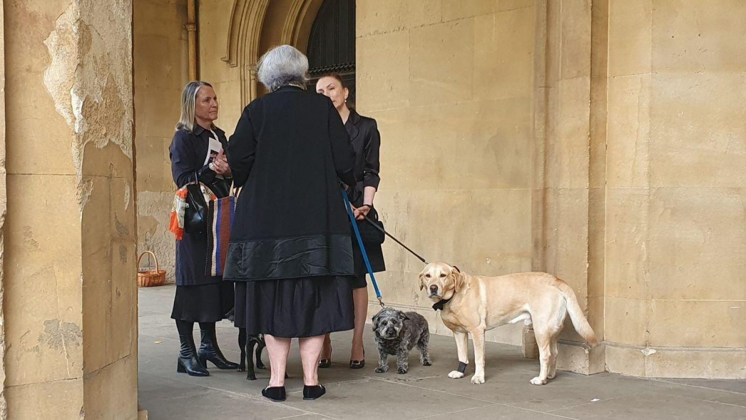 Three women in black outside church, with 2 dogs on leads