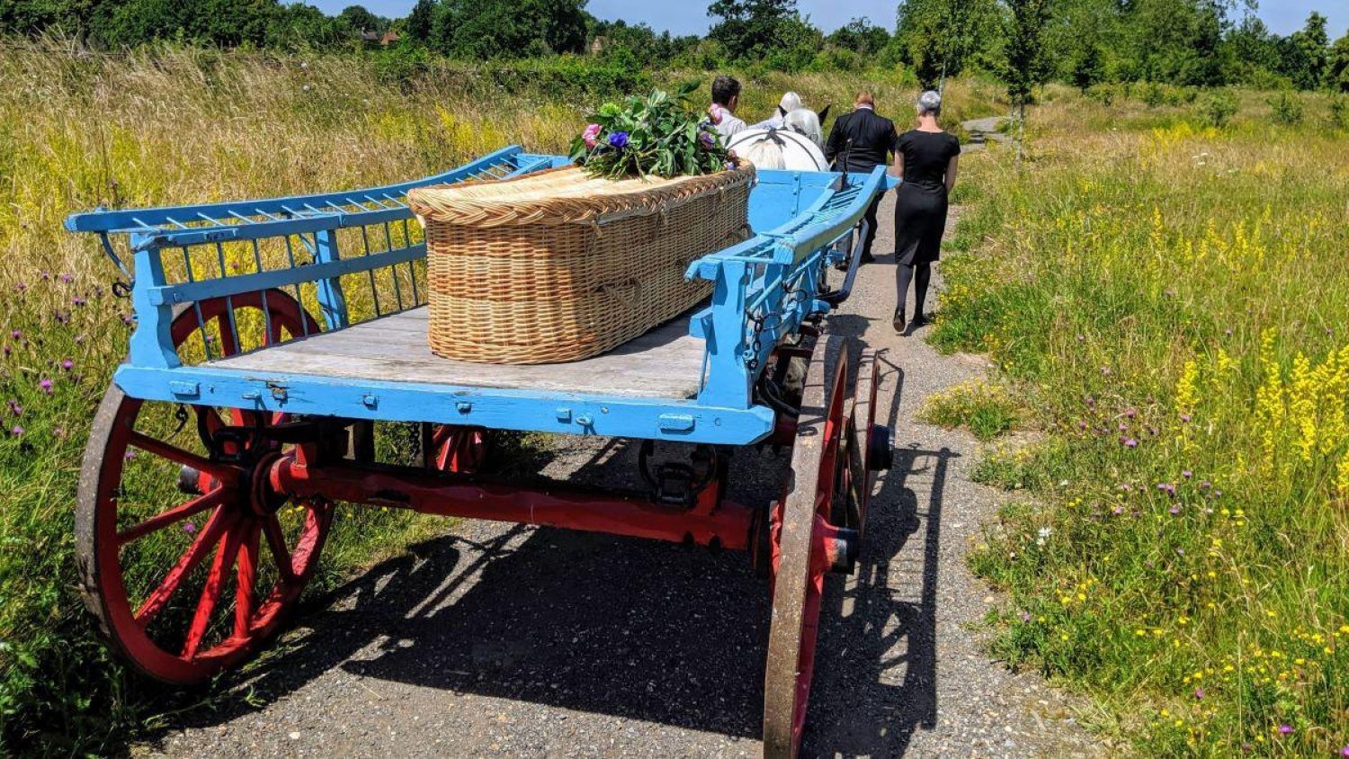Willow coffin on back of blue cart, pulled by horse through meadow, two figures wearing leading the horse