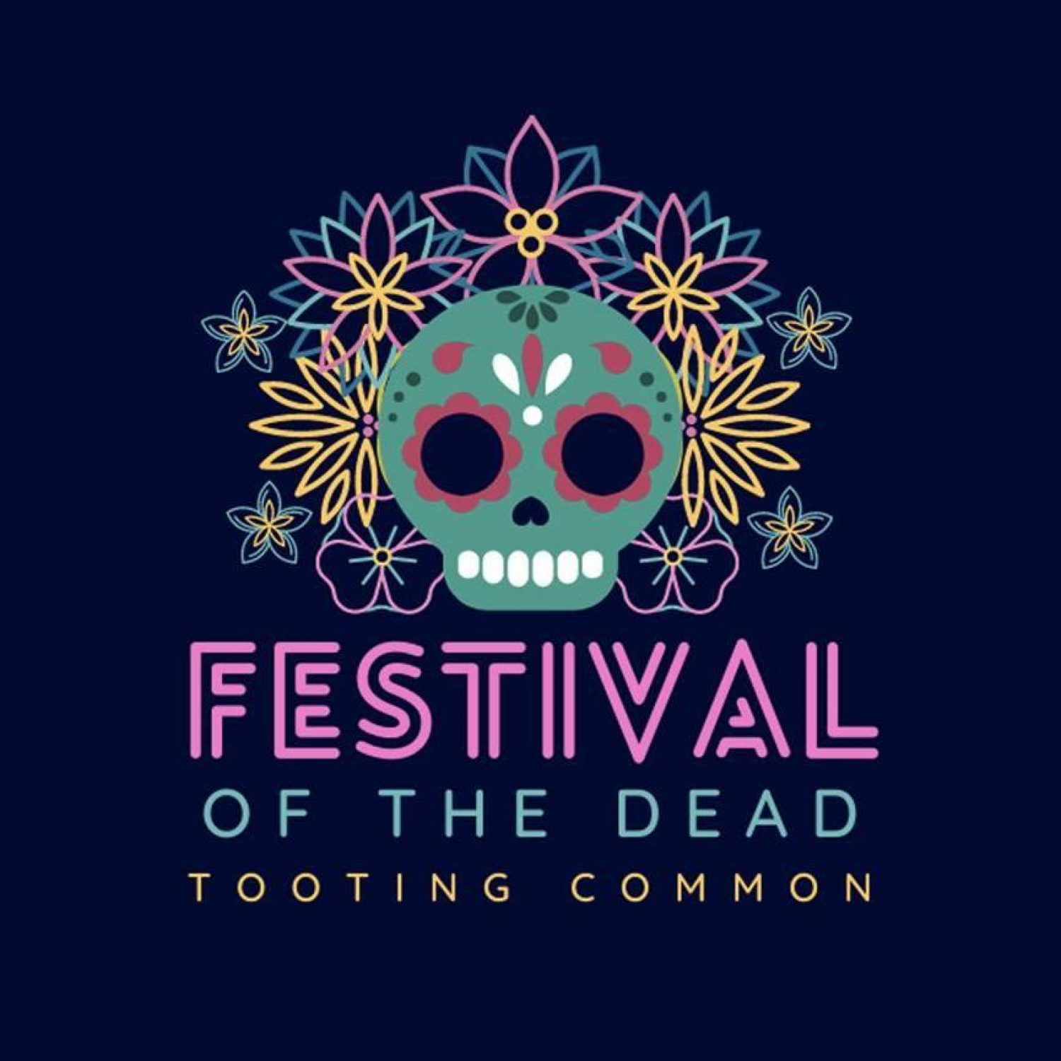 Tooting Festival of the Dead image - brightly coloured skull on black background