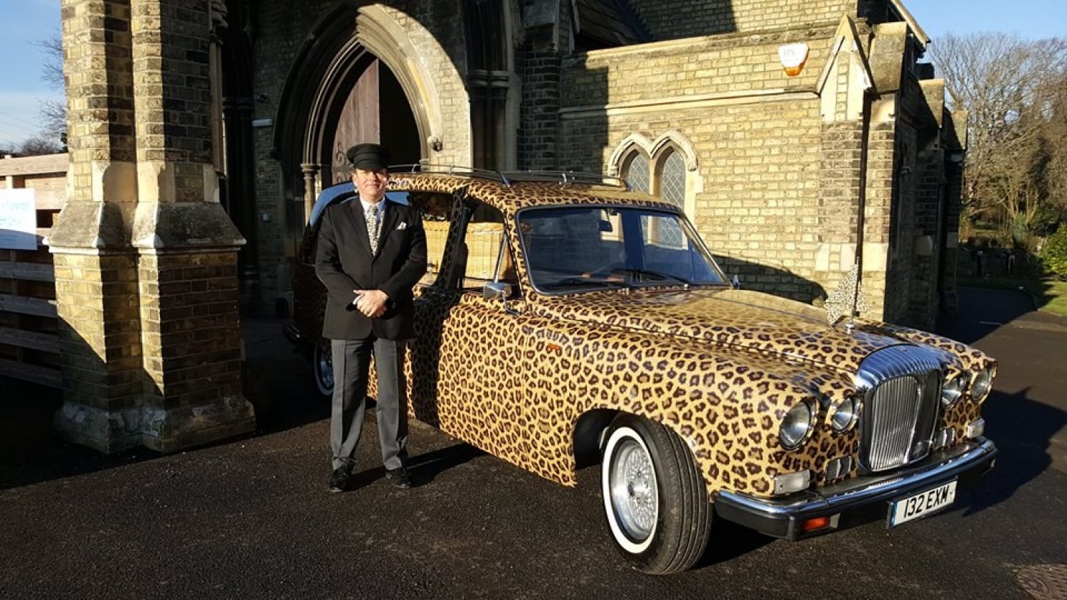 Leopard print hearse and driver