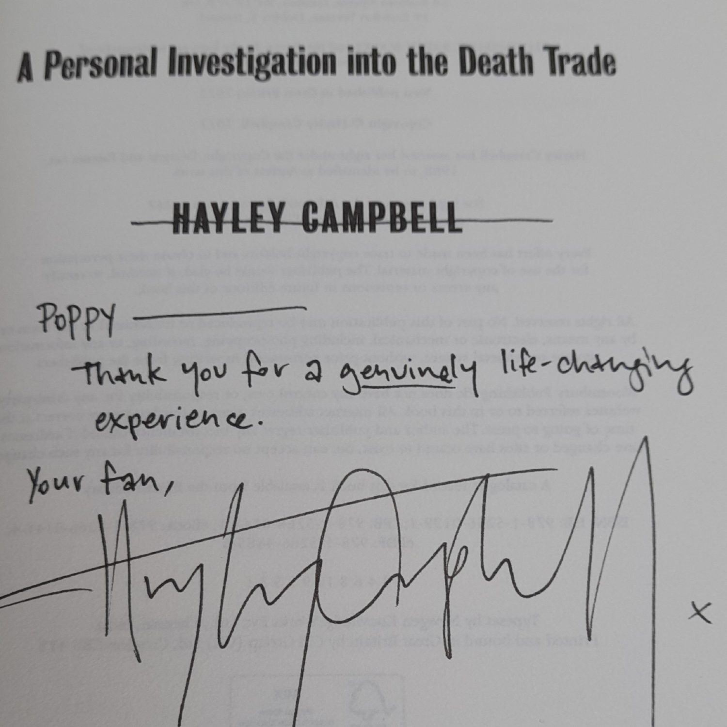 Dedication to Poppy Mardall on title page of 'All the Living and the Dead' by Hayley Campbell