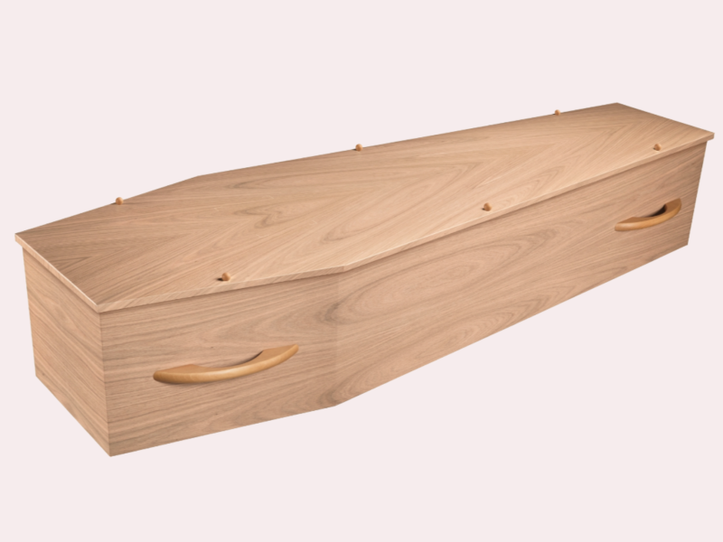Traditional timber effect coffin lilac background
