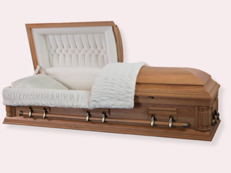 Traditional solid oak casket, brown, lilac background