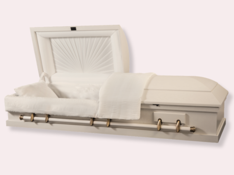Traditional solid oak casket, white, lilac background
